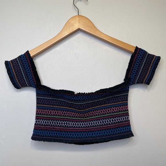 Bar III | Crochet Smocked Off Shoulder Padded Chest Harness Bralette Crop Top - Picture 5 of 10